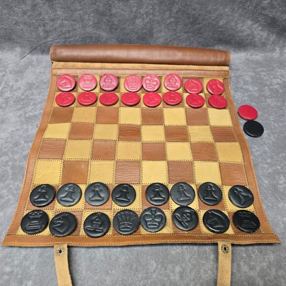 Top Grain Leather Roll Up Chess / Checker Travelling Game Board - Picture 3 of 8